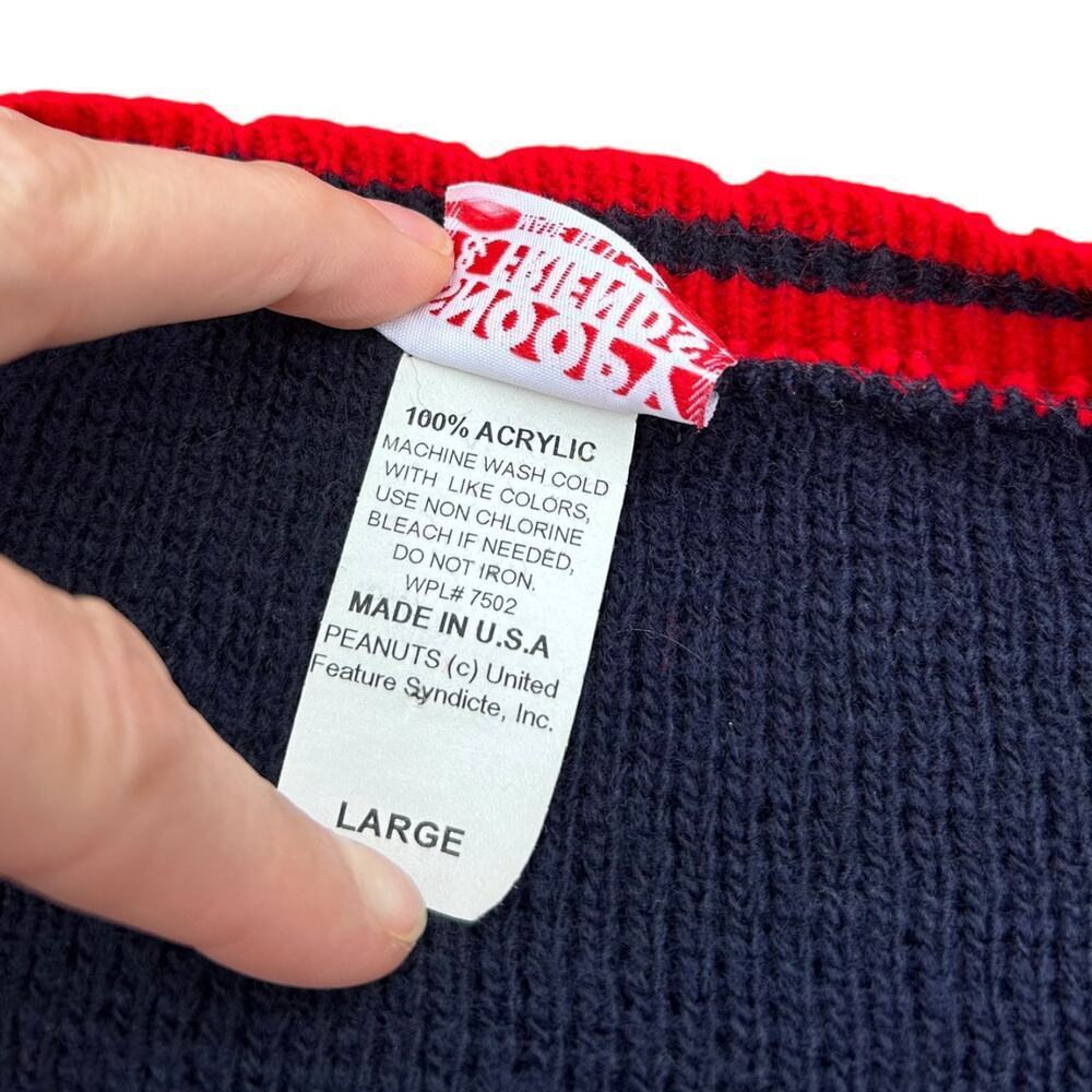 Vintage Peanuts Snoopy Cardigan Sweater Knit Floral Navy Blue Red Size Large - Picture 5 of 6